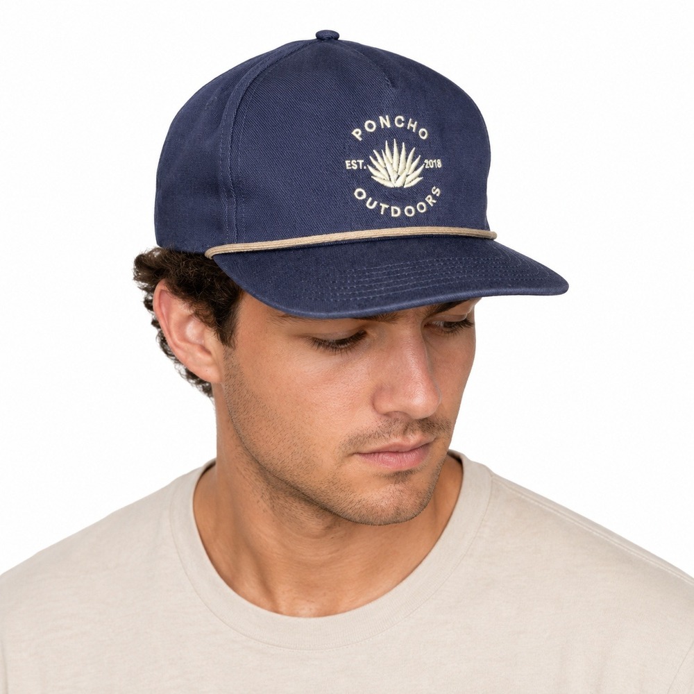 Poncho Outdoors Hat Cap Snap Back Blue Embroidered Logo Rope Mens Outdoor